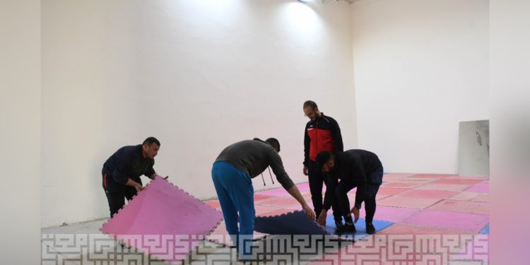 The squash court prepared for physical education
